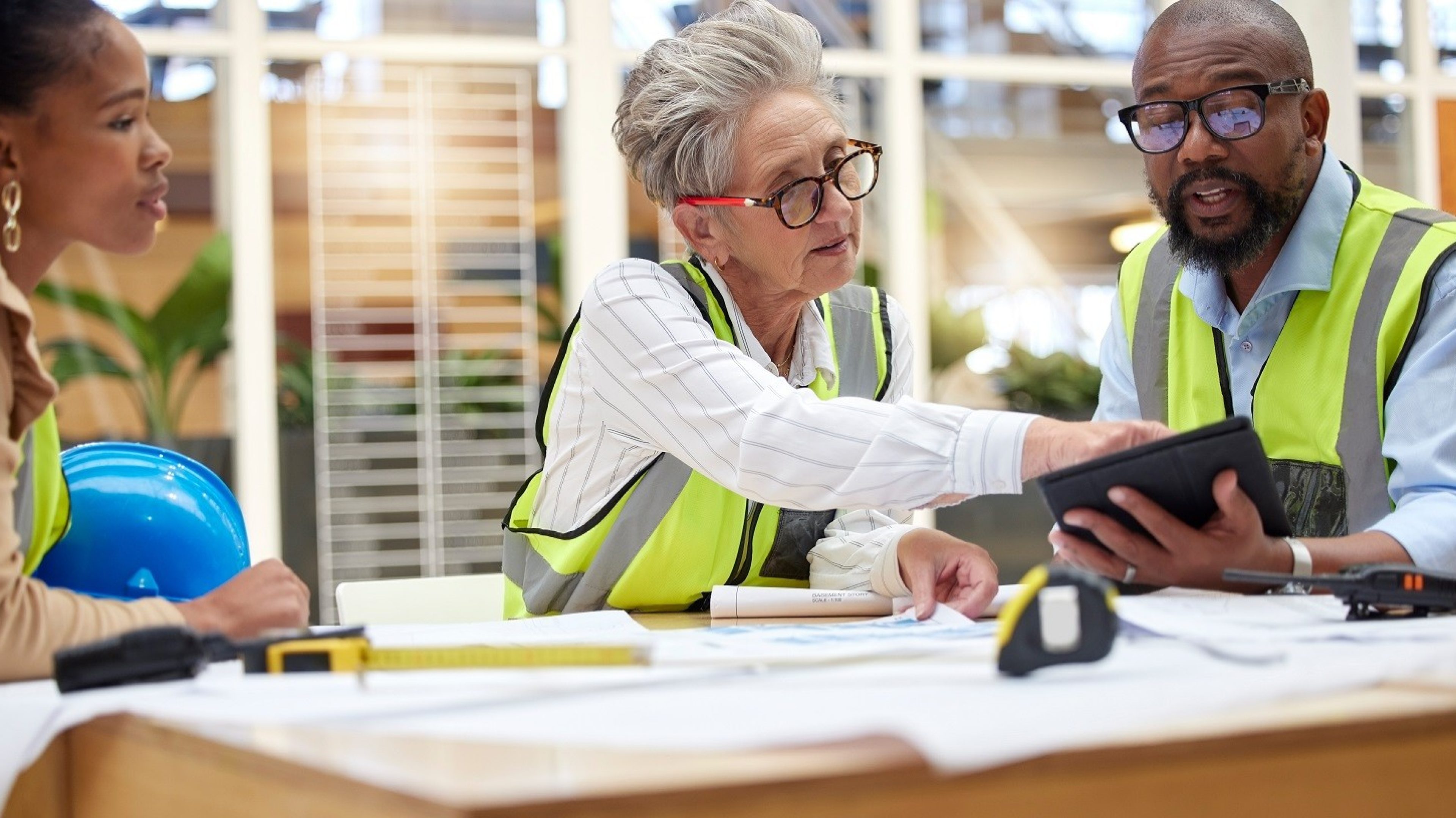 Baubesprechung, Tablet und Ingenieure mit Blueprint-Teamarbeit, Kollaboration und Online-Verlauf. Projektmanagement, digitale Technik und Management, Frau oder Gruppe für die Planung von Architektur.