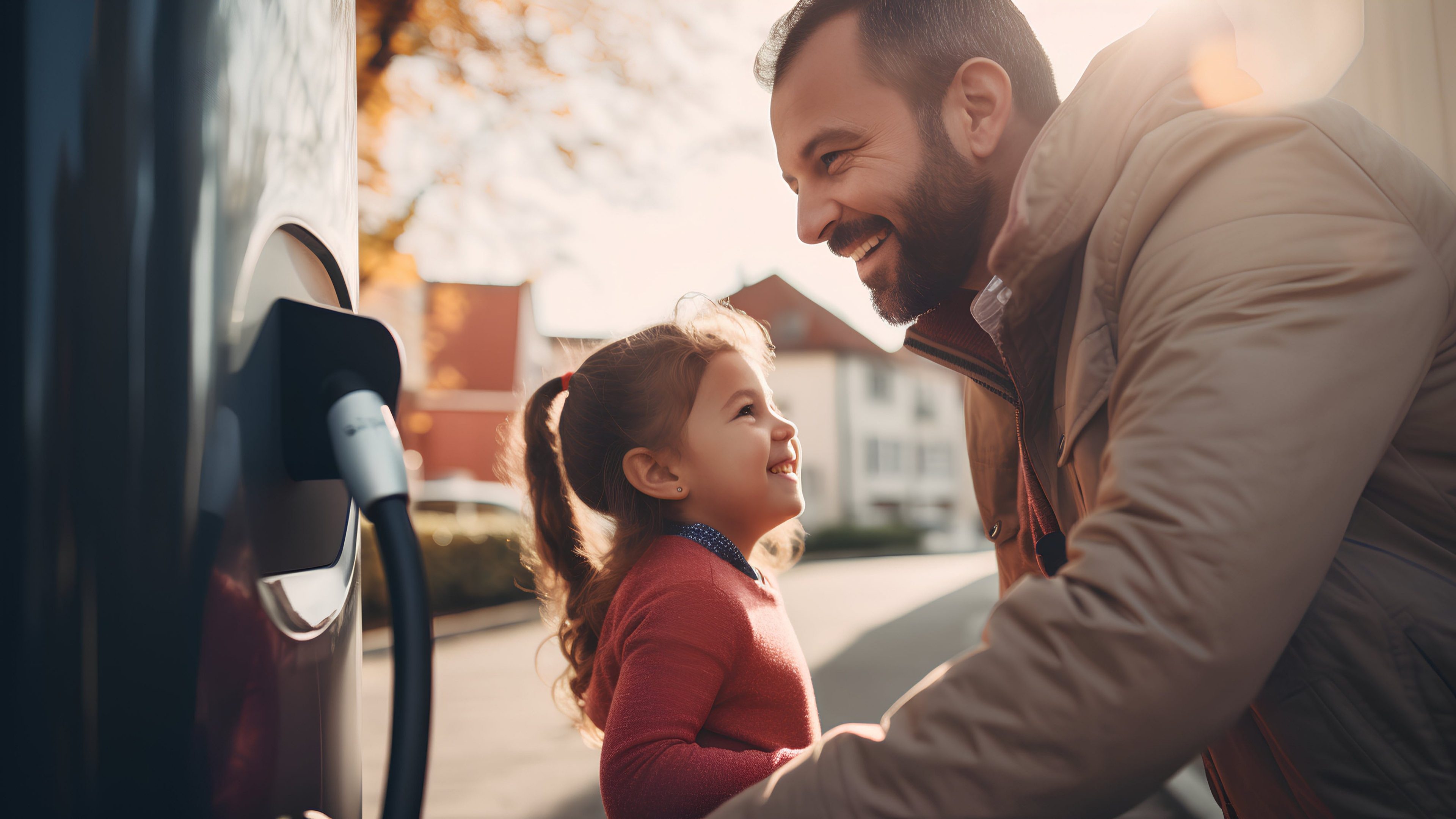 Padre e figlia caricano l’auto elettrica e ridono